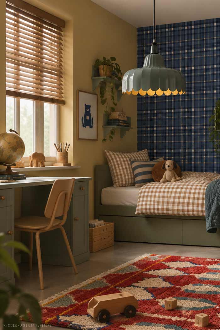 Jongenskamer met blauw ruitenbehang, rood vloerkleed en botergele muur