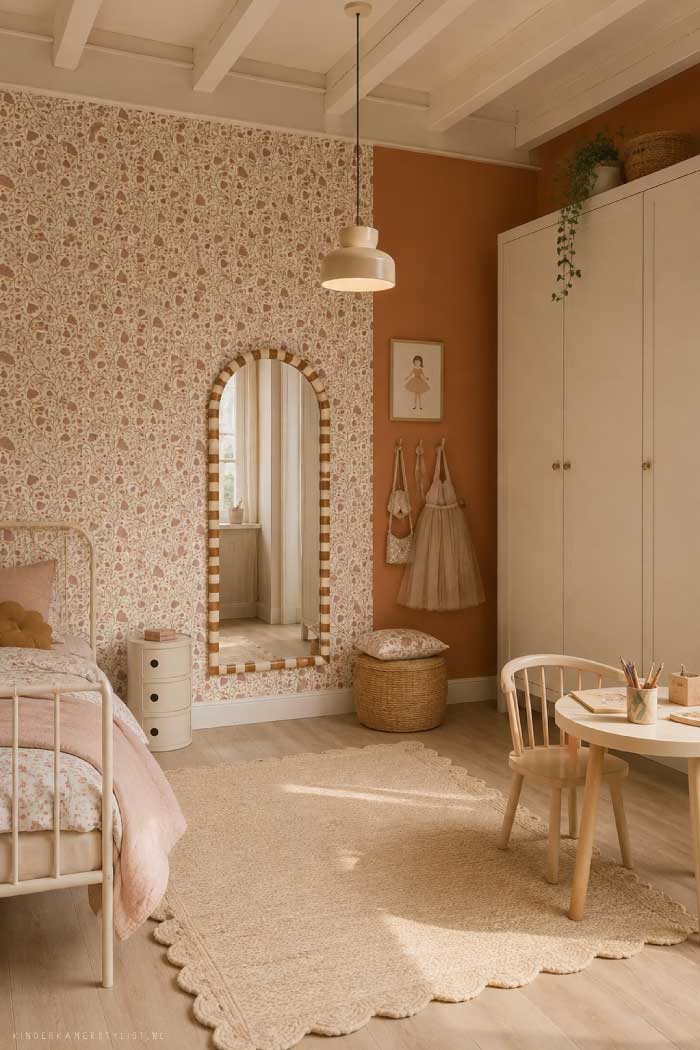 Kinderkamer met bloemenbehang en warme terracotta kleuren