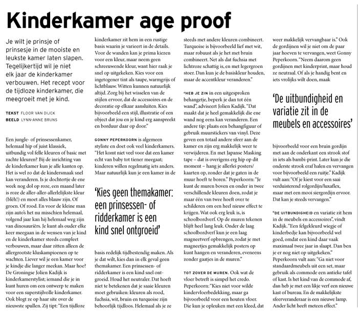 Artikel Kinderkamerstylist in de Bijlage KIND Telegraaf