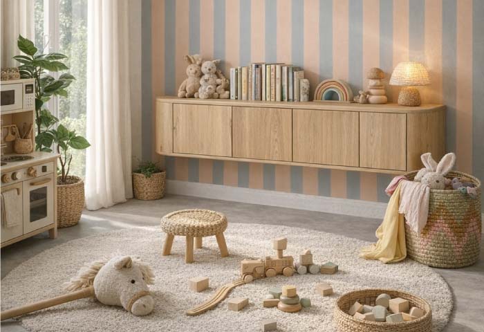 Tijdloos tv-meubel in de speelkamer dat meegroeit van speelgoedopslag naar tienerkamer